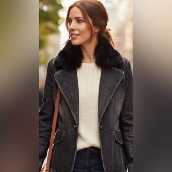 bebe Jackets & Blazers - BEBE Dark Denim gray Jean Rabbit Fur Collar Suit Coat Blazer Holiday Jacket S
